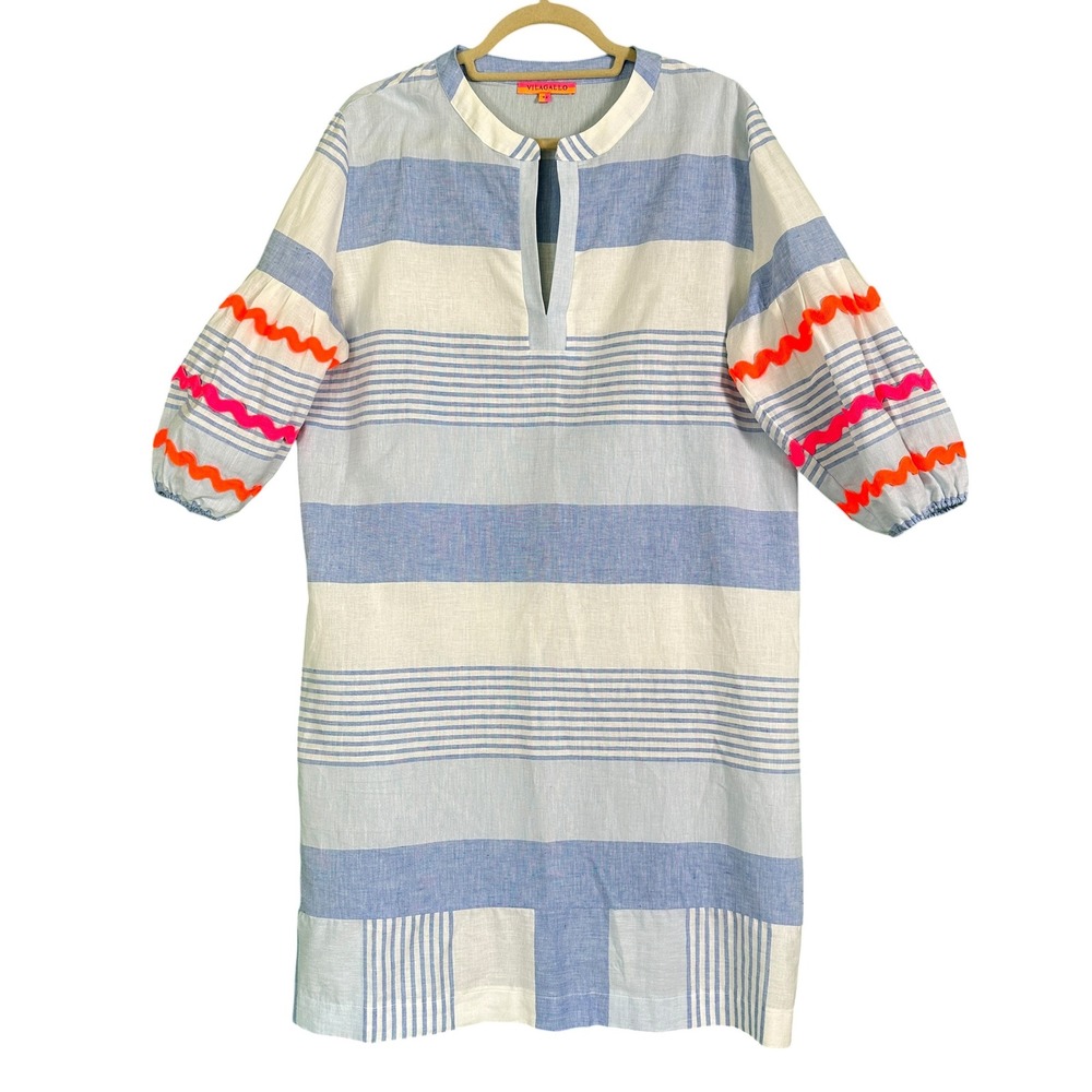 Vilagallo Tunic Dress 42 10 Blue White Stripe Linen Blend Pockets Resort Coastal - Picture 3 of 14
